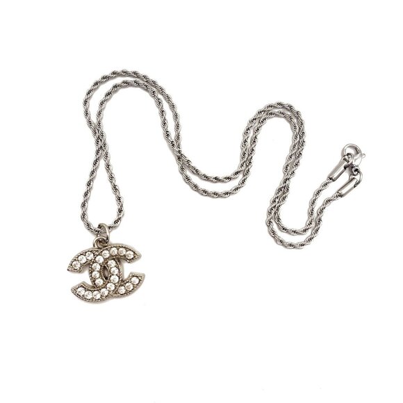 Authentic CHANEL CC Rhinestone Charm Pendant Necklace Silver Chain - Picture 5 of 9